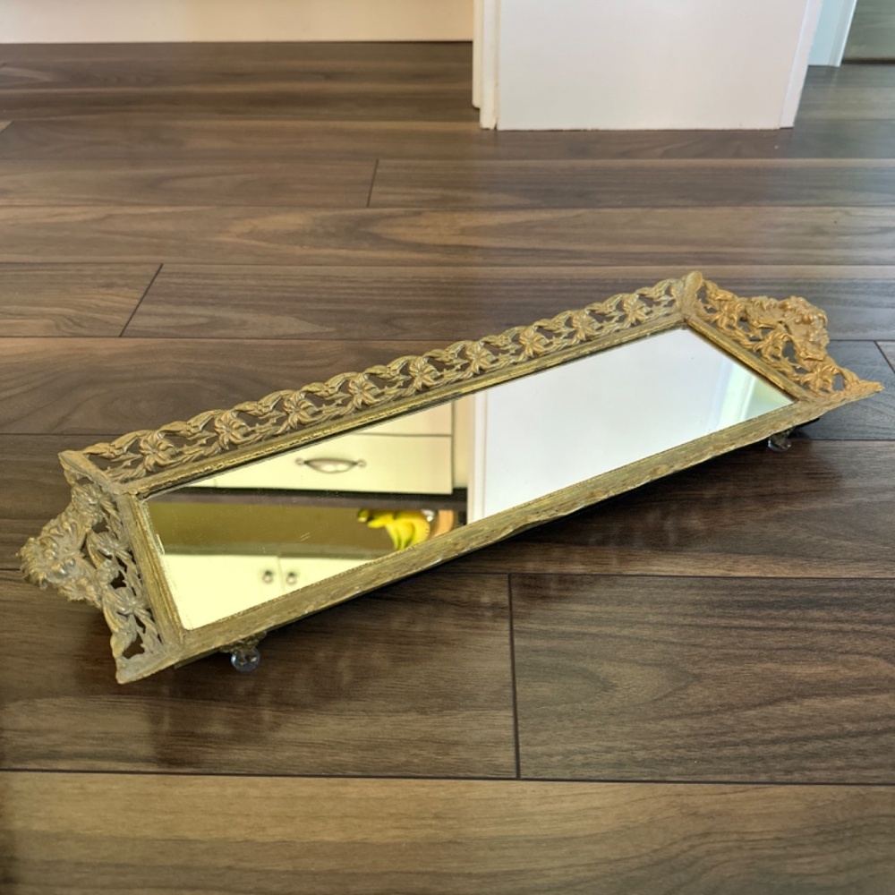Elegant Gold Fancy Mirrored Vanity Tray - vintage antique ornate decorative chic - Picture 5 of 5